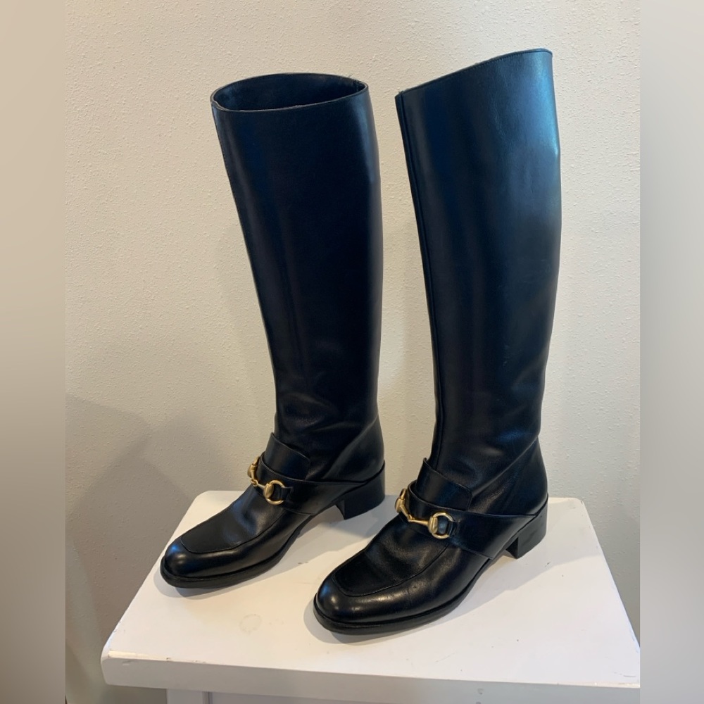 GUCCI Original Vintage Black Leather Riding Boots with Horsebit Detail 6.5 - Picture 3 of 7